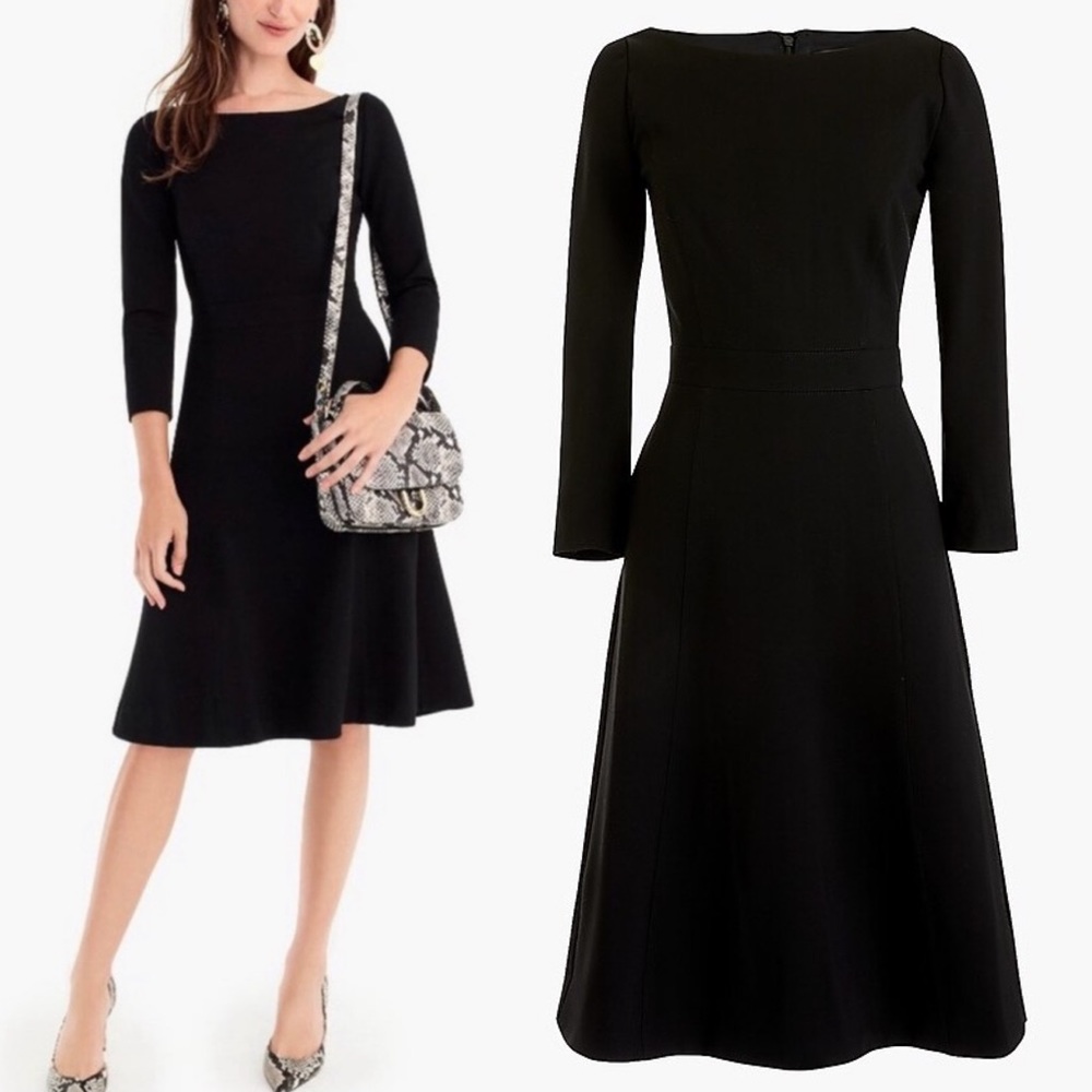 NWT J. Crew Bateau Fit & Flare 3/4 Sleeve Stretch Ponte Knit Knee Dress Black 6